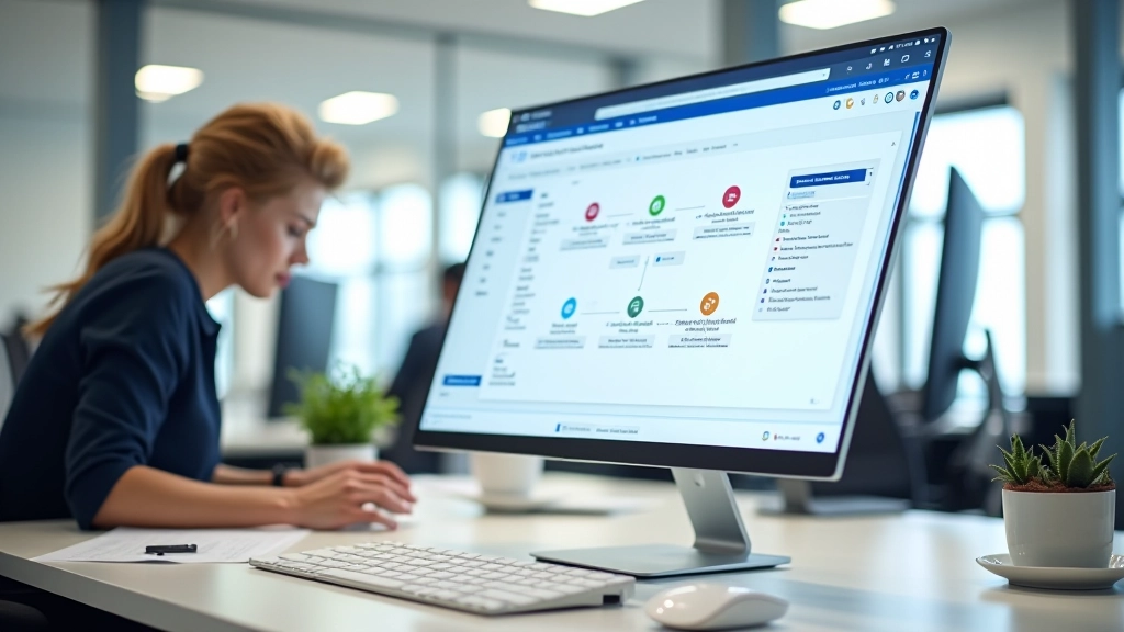 Desktop monitor showing automated workflow builder interface with approval routing rules